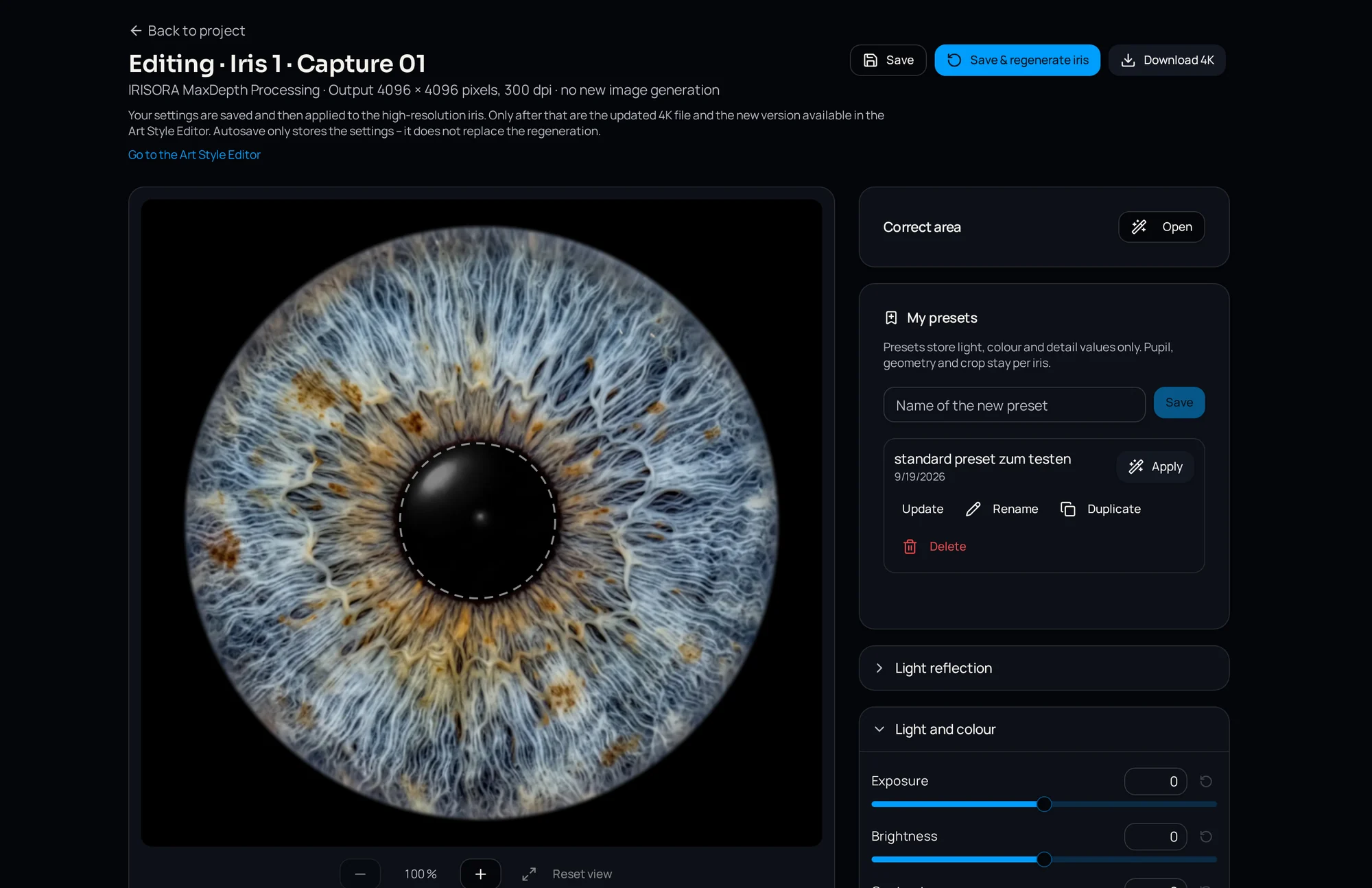Iris editor with a large preview of the isolated iris and its control panels