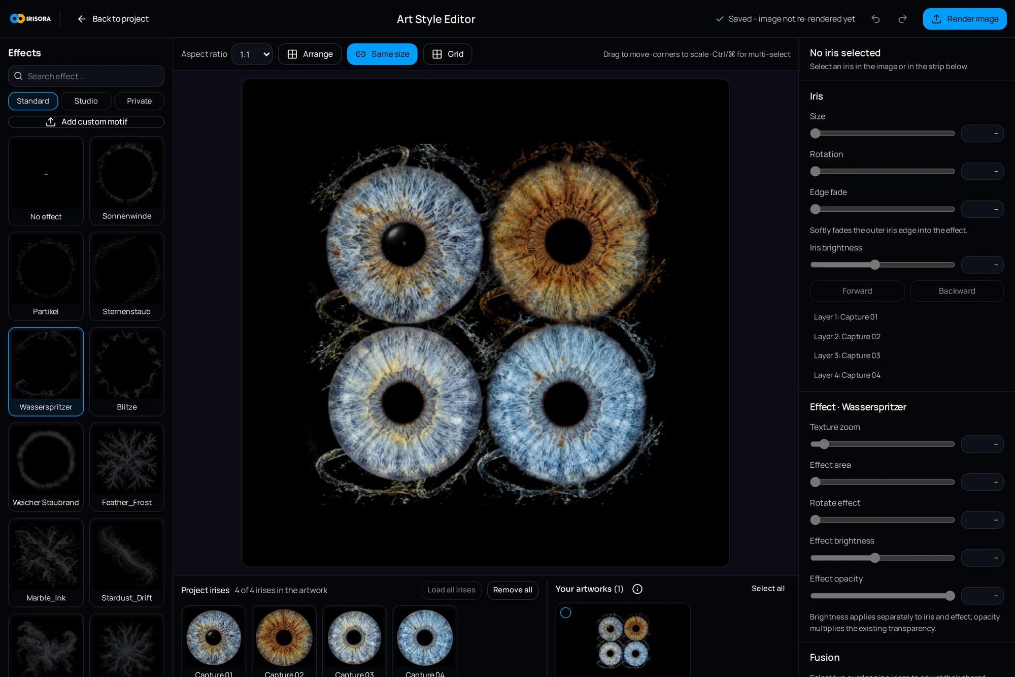 Art Style Editor with four combined irises, effects and control panels