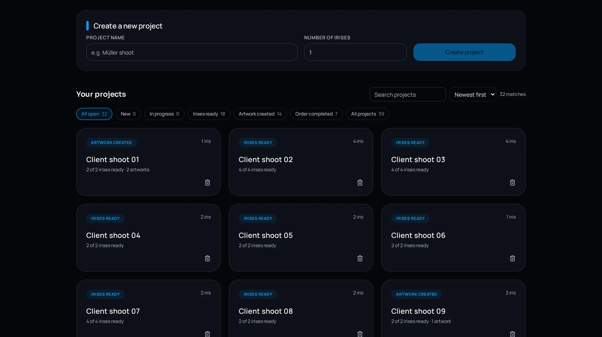 Project overview in IRISORA Studio showing the status of each client project