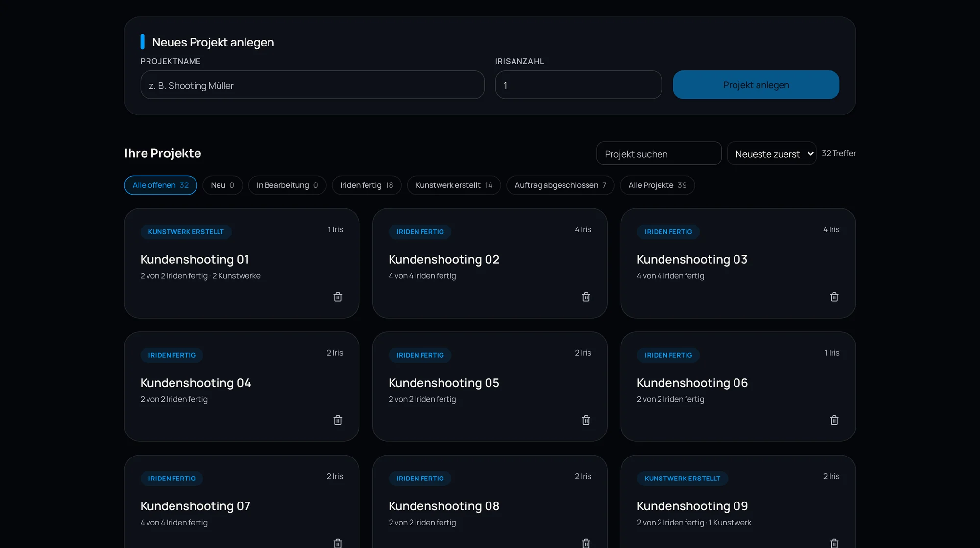 Projektübersicht in IRISORA Studio mit Status der einzelnen Kundenprojekte