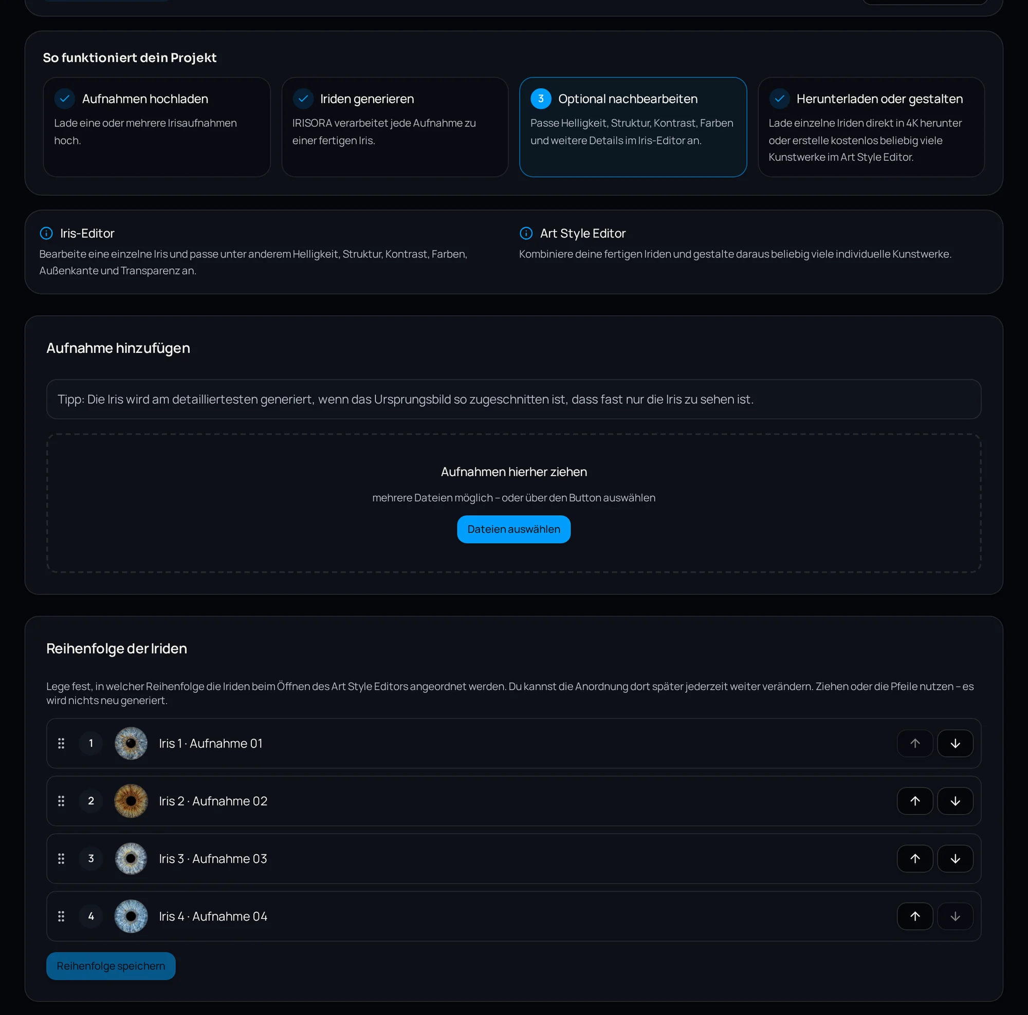 Projektansicht mit den vier Arbeitsschritten, Upload-Bereich und Reihenfolge der Iriden